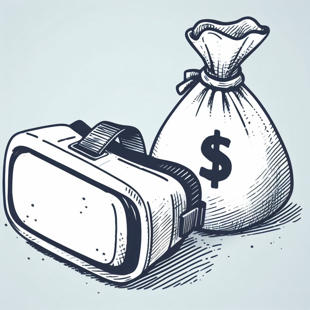 VR goggles lying next to a money bag with dollar signs